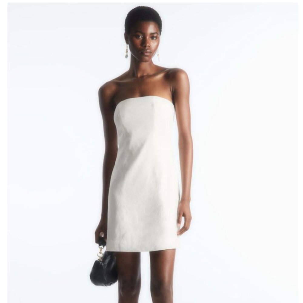 NWOT COS Linen Blend Strapless Mini Dress, White Size 10
